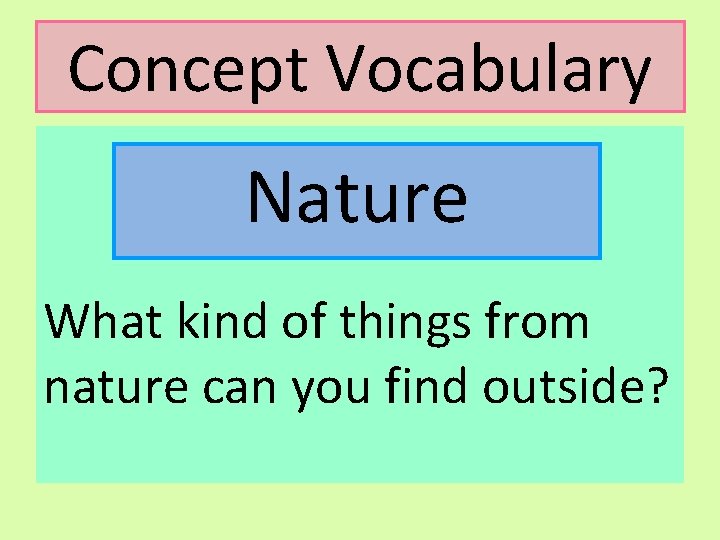 Concept Vocabulary Nature What kind of things from nature can you find outside? 