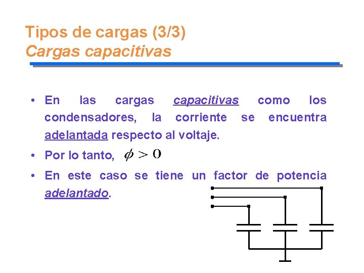 Tipos de cargas (3/3) Cargas capacitivas • En las cargas capacitivas como los condensadores,