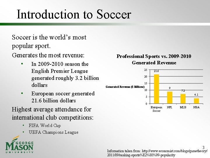 Introduction to Soccer is the world’s most popular sport. Generates the most revenue: •