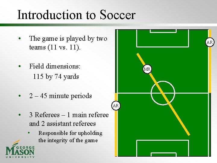 Introduction to Soccer • The game is played by two teams (11 vs. 11).