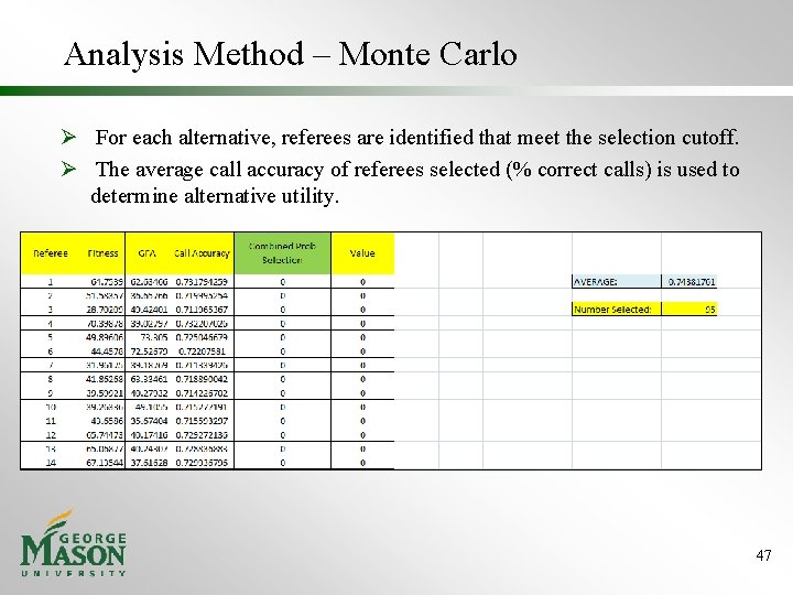 Analysis Method – Monte Carlo Ø For each alternative, referees are identified that meet