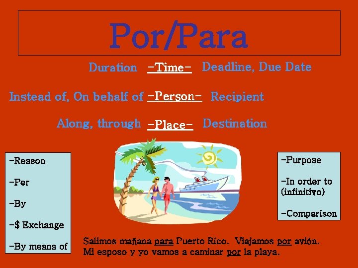 Por/Para Duration -Time- Deadline, Due Date Instead of, On behalf of -Person- Recipient Along,