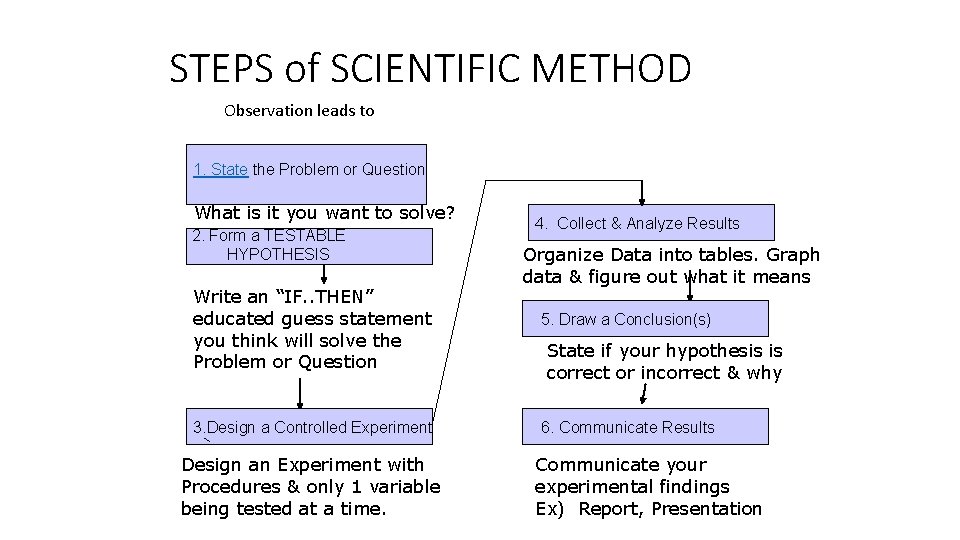 STEPS of SCIENTIFIC METHOD Observation leads to 1. State the Problem or Question What