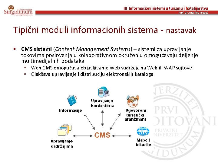 III Informacioni sistemi u turizmu i hotelijerstvu Prof. dr Angelina Njeguš Tipični moduli informacionih