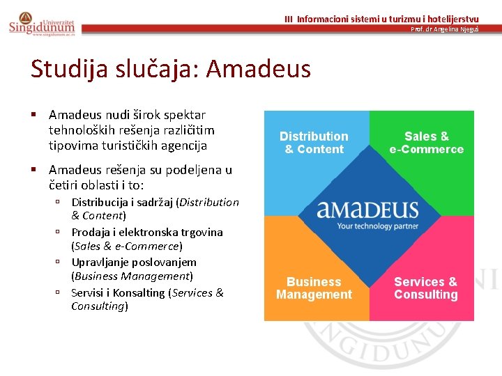 III Informacioni sistemi u turizmu i hotelijerstvu Prof. dr Angelina Njeguš Studija slučaja: Amadeus