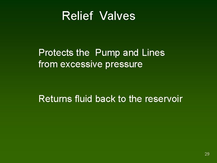 Relief Valves Protects the Pump and Lines from excessive pressure Returns fluid back to