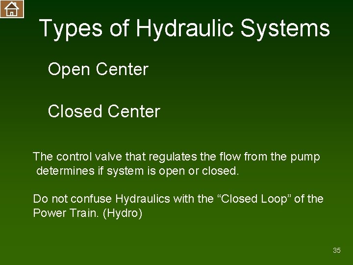 Types of Hydraulic Systems Open Center Closed Center The control valve that regulates the