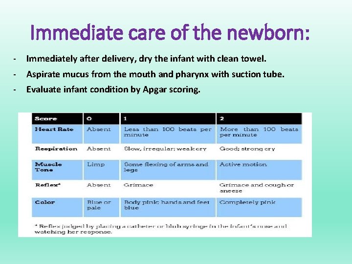 Immediate care of the newborn: - Immediately after delivery, dry the infant with clean