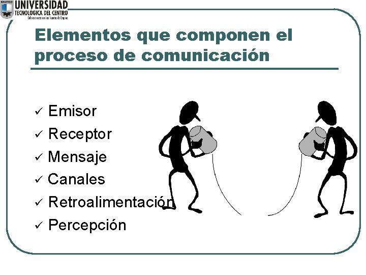 Elementos que componen el proceso de comunicación ü ü ü Emisor Receptor Mensaje Canales