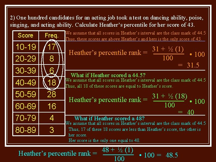 2) One hundred candidates for an acting job took a test on dancing ability,