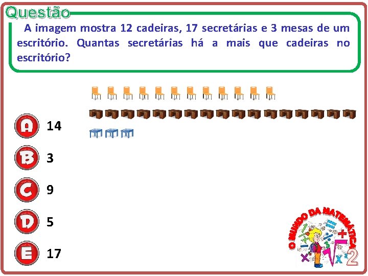 Questão A imagem mostra 12 cadeiras, 17 secretárias e 3 mesas de um escritório.