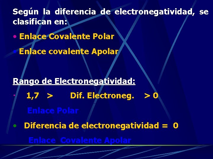 Según la diferencia de electronegatividad, se clasifican en: • Enlace Covalente Polar • Enlace