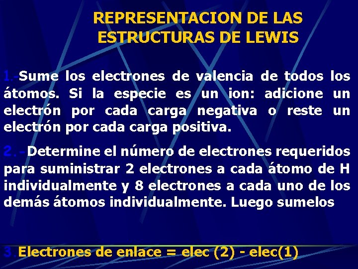 REPRESENTACION DE LAS ESTRUCTURAS DE LEWIS 1. -Sume los electrones de valencia de todos