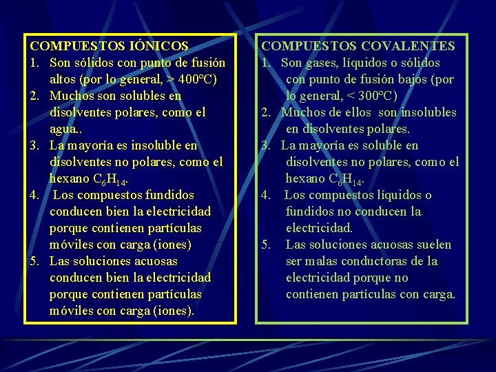 COMPUESTOS IÓNICOS 1. Son sólidos con punto de fusión altos (por lo general, >