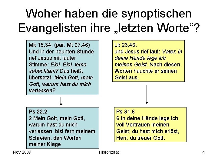 Woher haben die synoptischen Evangelisten ihre „letzten Worte“? Mk 15, 34: (par. Mt 27, Woher haben die synoptischen Evangelisten ihre „letzten Worte“? Mk 15, 34: (par. Mt 27,