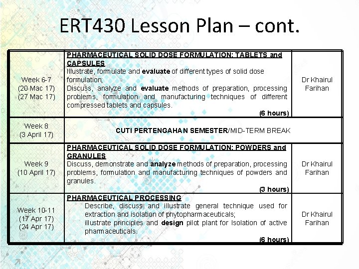 ERT 430 Lesson Plan – cont. Week 6 -7 (20 Mac 17) (27 Mac