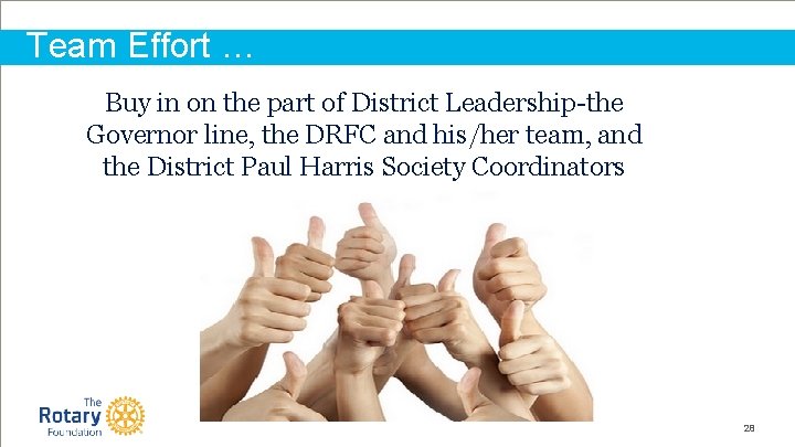 Team Effort … Buy in on the part of District Leadership-the Governor line, the