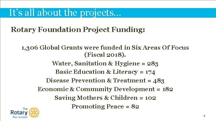 It’s all about the projects… Rotary Foundation Project Funding: 1, 306 Global Grants were