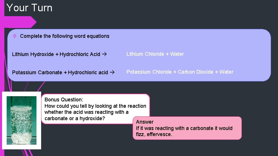 Your Turn Complete the following word equations Lithium Hydroxide + Hydrochloric Acid Lithium Chloride