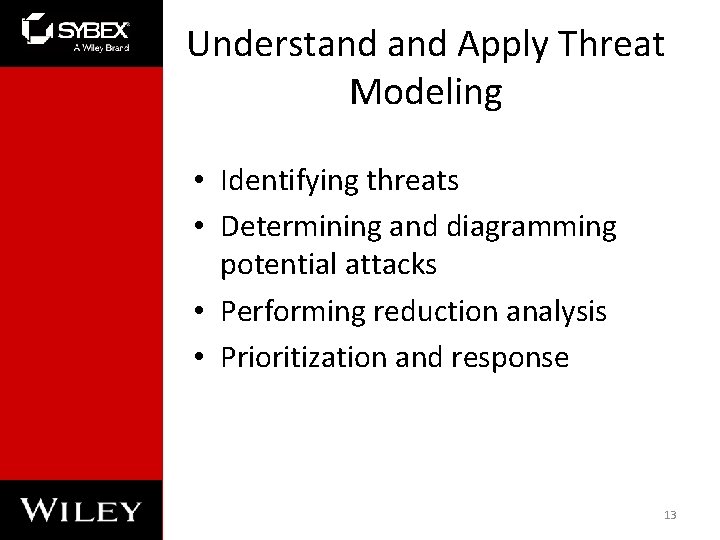 Understand Apply Threat Modeling • Identifying threats • Determining and diagramming potential attacks • Understand Apply Threat Modeling • Identifying threats • Determining and diagramming potential attacks •