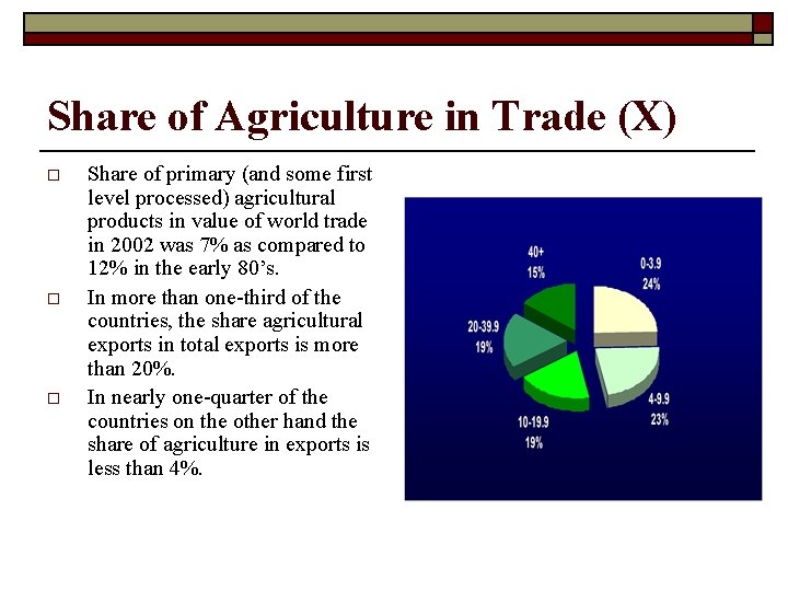 Share of Agriculture in Trade (X) o o o Share of primary (and some