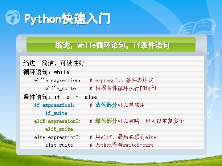 Python快速入门 缩进，while循环语句，if条件语句 缩进：简洁、可读性好 循环语句：while expression： while_suite 条件语句：if elif if expression 1： if_suite elif expression