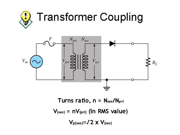 Transformer Coupling Turns ratio, n = Nsec/Npri V(sec) = n. V(pri) (in RMS value)