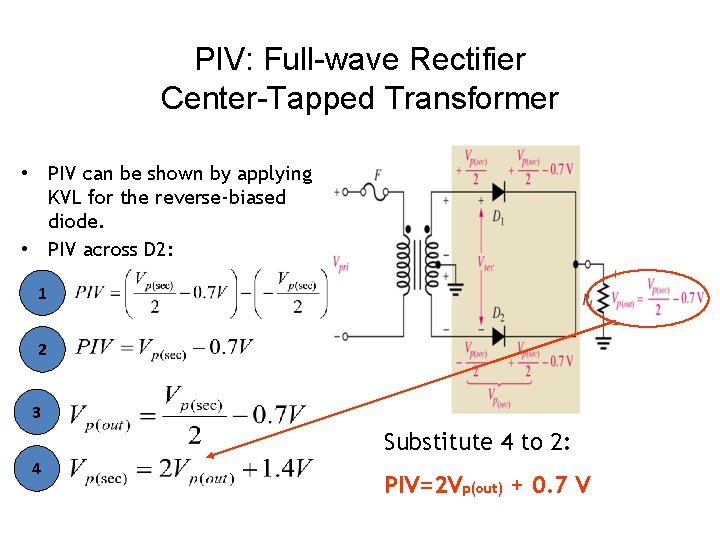 PIV: Full-wave Rectifier Center-Tapped Transformer • PIV can be shown by applying KVL for