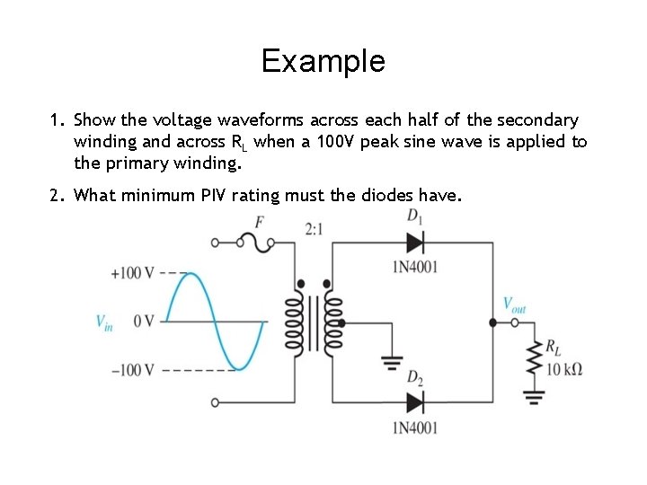 Example 1. Show the voltage waveforms across each half of the secondary winding and