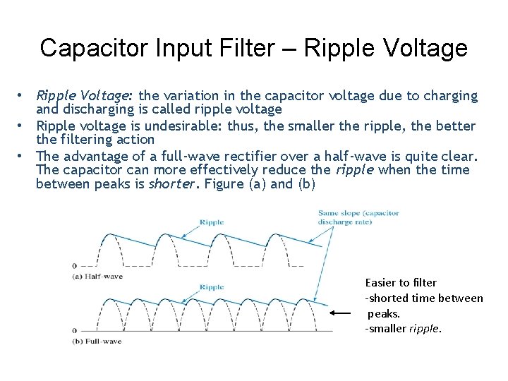 Capacitor Input Filter – Ripple Voltage • Ripple Voltage: the variation in the capacitor