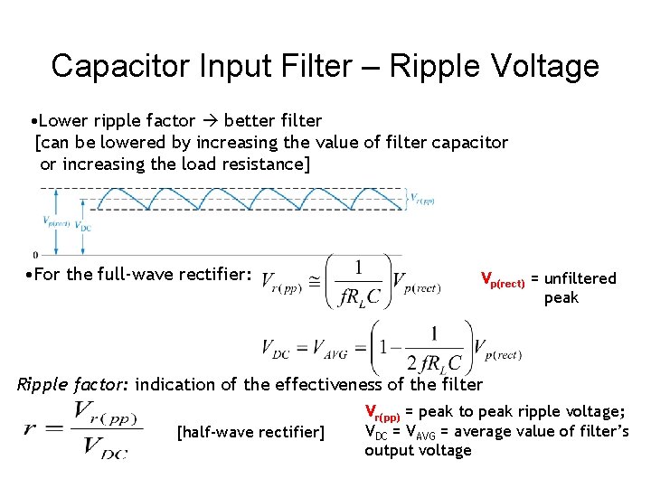 Capacitor Input Filter – Ripple Voltage • Lower ripple factor better filter [can be