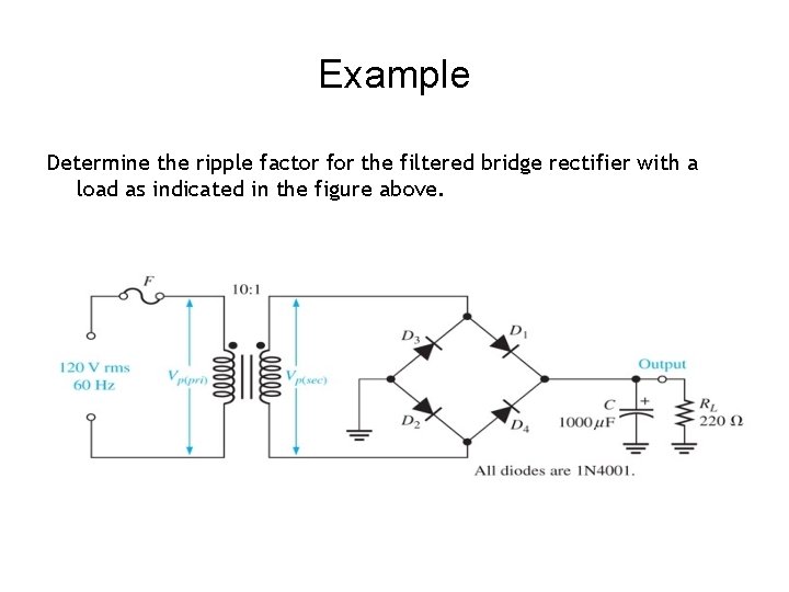 Example Determine the ripple factor for the filtered bridge rectifier with a load as