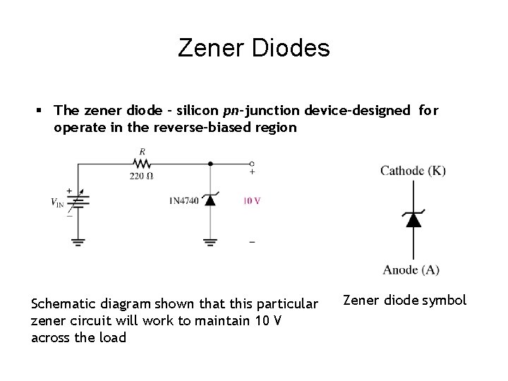 Zener Diodes § The zener diode – silicon pn-junction device-designed for operate in the