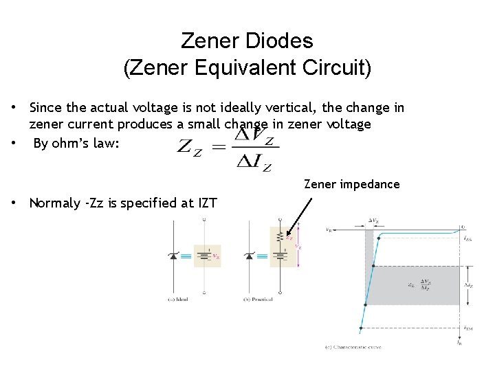 Zener Diodes (Zener Equivalent Circuit) • Since the actual voltage is not ideally vertical,