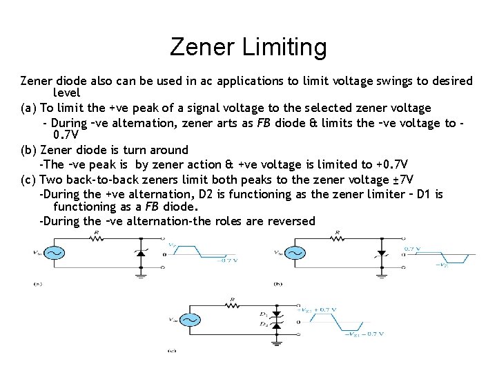Zener Limiting Zener diode also can be used in ac applications to limit voltage