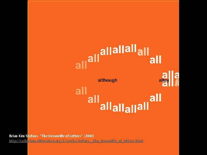 Brian Kim Stefans. “The Dreamlife of Letters” (2000) http: //collection. eliterature. org/1/works/stefans__the_dreamlife_of_letters. html 