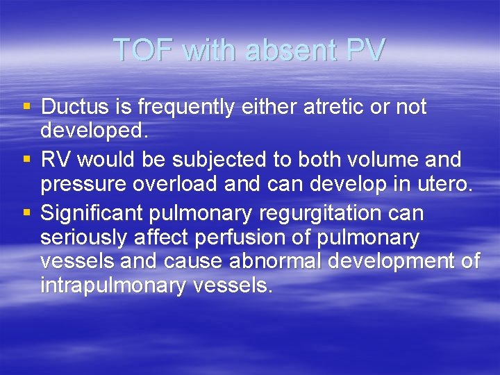 TOF with absent PV § Ductus is frequently either atretic or not developed. §