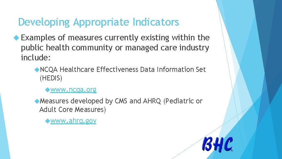 Developing Appropriate Indicators Examples of measures currently existing within the public health community or