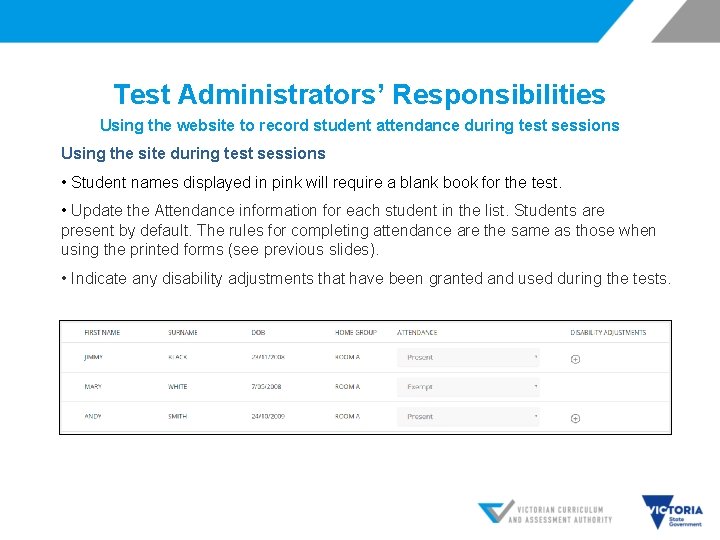 Test Administrators’ Responsibilities Using the website to record student attendance during test sessions Using
