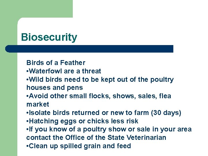 Biosecurity Birds of a Feather • Waterfowl are a threat • Wild birds need