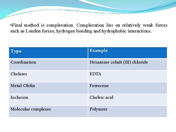  • Final method is complexation. Complexation lies on relatively weak forces such as