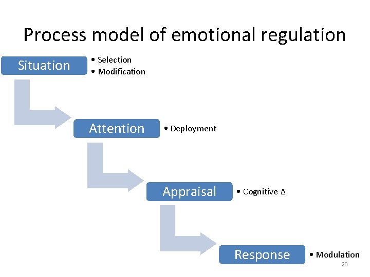 Process model of emotional regulation Situation • Selection • Modification Attention • Deployment Appraisal