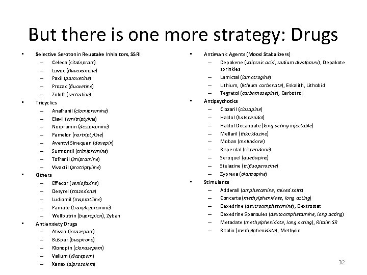 But there is one more strategy: Drugs • • Selective Serotonin Reuptake Inhibitors, SSRI