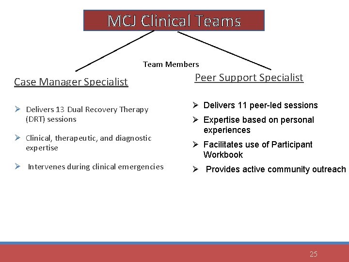 MCJ Clinical Teams Team Members Case Manager Specialist Peer Support Specialist Ø Delivers 13
