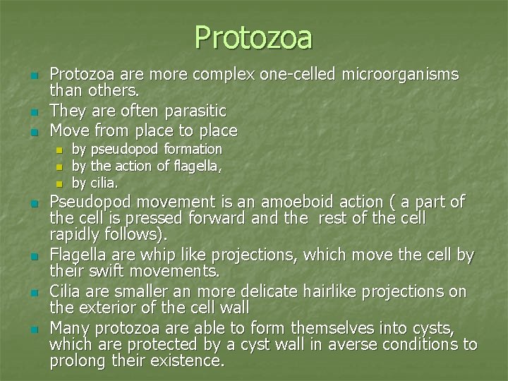 Protozoa n n n Protozoa are more complex one-celled microorganisms than others. They are