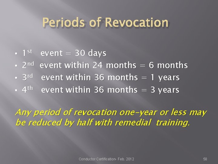 Periods of Revocation • • 1 st 2 nd 3 rd 4 th event Periods of Revocation • • 1 st 2 nd 3 rd 4 th event