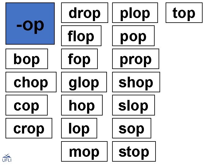 -op bop drop plop top flop pop fop prop chop glop shop cop hop
