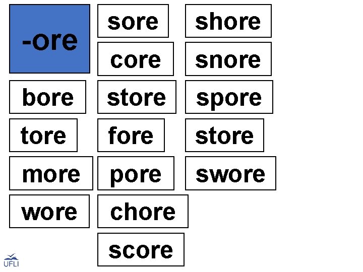 -ore shore core snore bore store spore tore fore store more pore swore chore