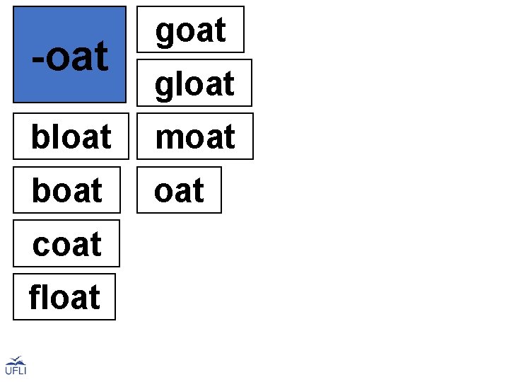 -oat gloat bloat moat boat coat float 