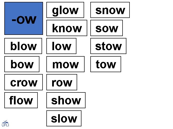 -ow glow snow know sow blow bow mow tow crow flow stow show slow